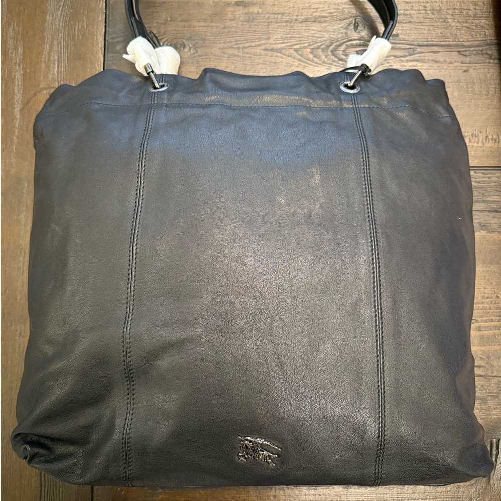 NEW WITH TAGS AND DUST BAG Burberry Black Leather Drawstring Tote